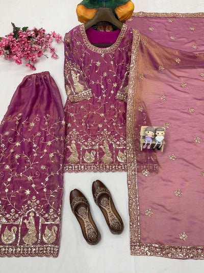Dusty Mauve Pink Zari Embroidery Work Palazzo Suit - BONYHUBSALWAR KAMEEZ