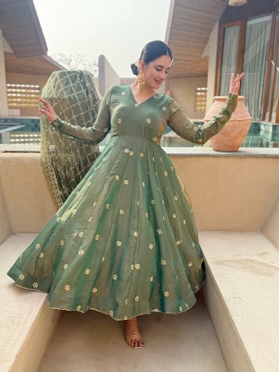 Dusty Olive Green Gold Embroidered Anarkali Suit - BONYHUBSALWAR KAMEEZ
