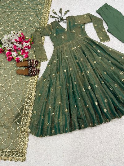 Dusty Olive Green Gold Embroidered Anarkali Suit - BONYHUBSALWAR KAMEEZ