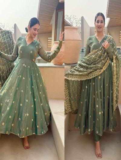 Dusty Olive Green Gold Embroidered Anarkali Suit - BONYHUBSALWAR KAMEEZ