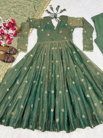 Dusty Olive Green Gold Embroidered Anarkali Suit - BONYHUBSALWAR KAMEEZ