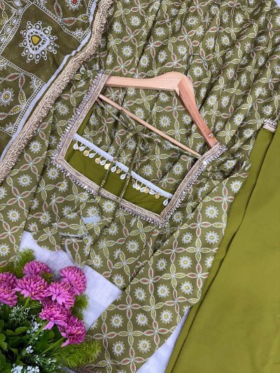 Dusty Olive Green Muslin Anarkali Suit Set - BONYHUBSALWAR KAMEEZ