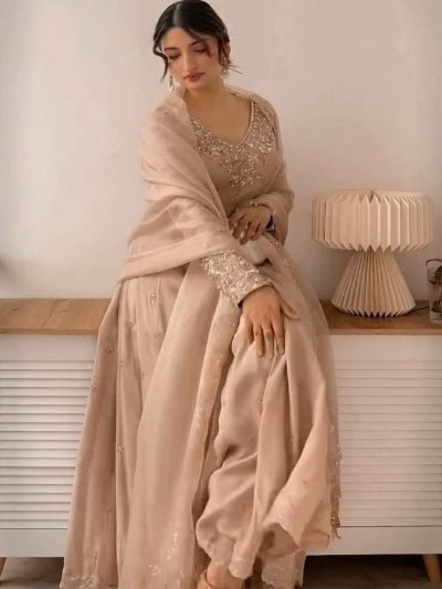 Dusty Pastel Beige Georgette Anarkali Suit Set BONYHUB Dusty Pastel Beige Georgette Anarkali Suit Set BONYHUB