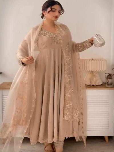 Dusty Pastel Beige Georgette Anarkali Suit Set - BONYHUBSALWAR KAMEEZ