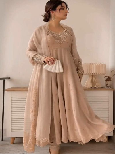 Dusty Pastel Beige Georgette Anarkali Suit Set - BONYHUBSALWAR KAMEEZ
