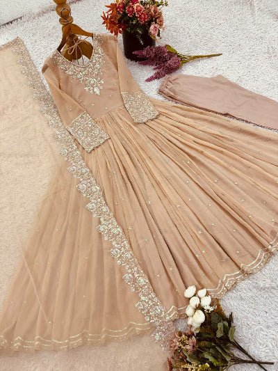 Dusty Pastel Beige Georgette Anarkali Suit Set - BONYHUBSALWAR KAMEEZ