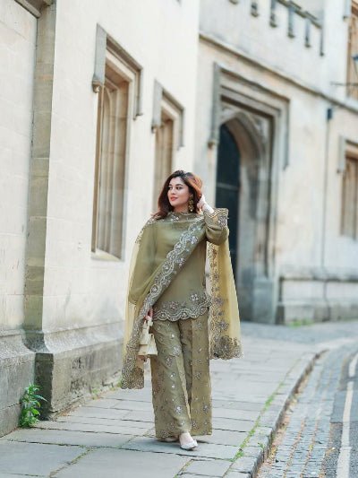 Dusty Pastel Green Embroidered Sequins Work Sharara Palazzo Suit Set - BONYHUBSALWAR KAMEEZ