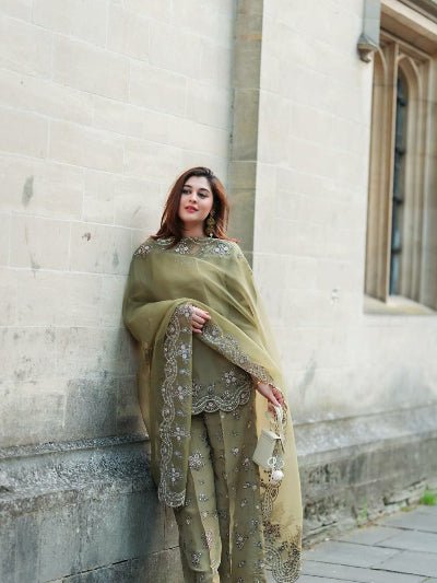 Dusty Pastel Green Embroidered Sequins Work Sharara Palazzo Suit Set - BONYHUBSALWAR KAMEEZ
