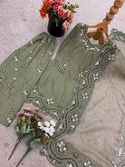 Dusty Pastel Green Embroidered Sequins Work Sharara Palazzo Suit Set - BONYHUBSALWAR KAMEEZ