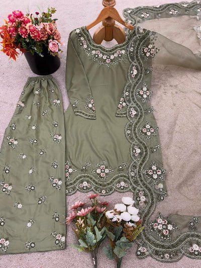 Dusty Pastel Green Embroidered Sequins Work Sharara Palazzo Suit Set - BONYHUBSALWAR KAMEEZ