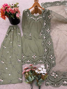 Dusty Pastel Green Embroidered Sequins Work Sharara Palazzo Suit Set - BONYHUBSALWAR KAMEEZ