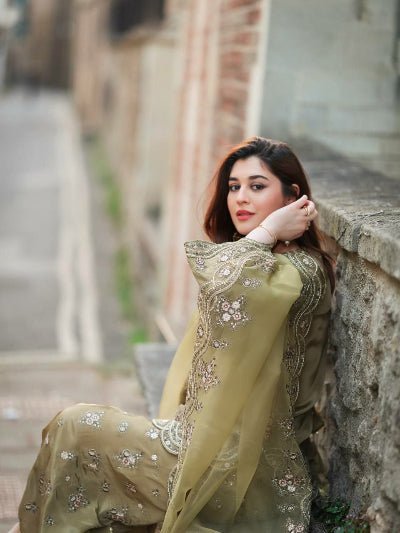 Dusty Pastel Green Embroidered Sequins Work Sharara Palazzo Suit Set - BONYHUBSALWAR KAMEEZ