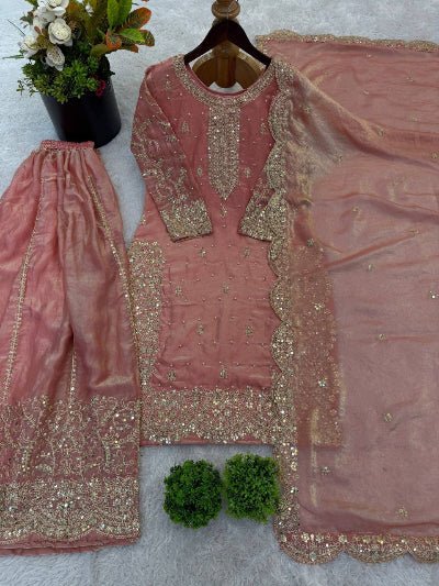 Dusty Peach Embroidery Sequence Work Sharara Suit - BONYHUBSALWAR KAMEEZ