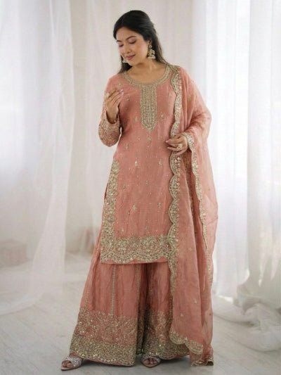 Dusty Peach Embroidery Sequence Work Sharara Suit - BONYHUBSALWAR KAMEEZ