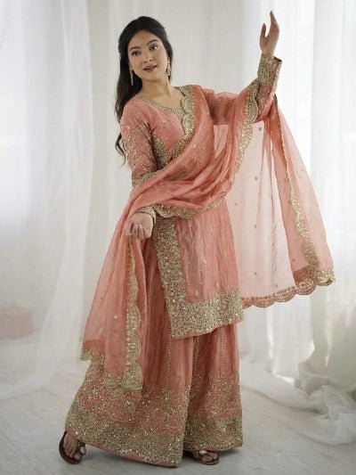 Dusty Peach Embroidery Sequence Work Sharara Suit - BONYHUBSALWAR KAMEEZ