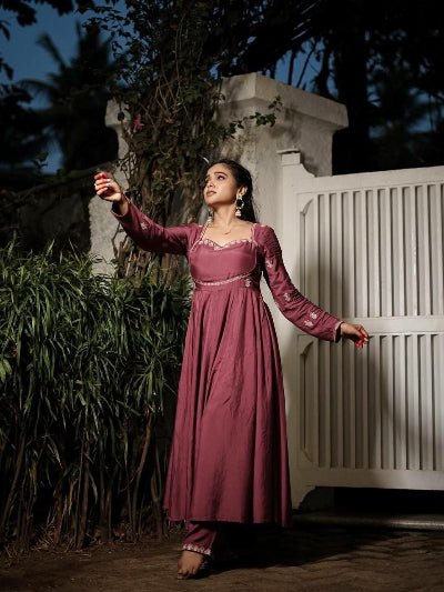 Dusty Pink Embroidery Work Anarkali Suit Set - BONYHUBSALWAR KAMEEZ