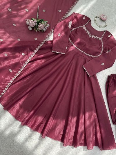 Dusty Pink Embroidery Work Anarkali Suit Set - BONYHUBSALWAR KAMEEZ
