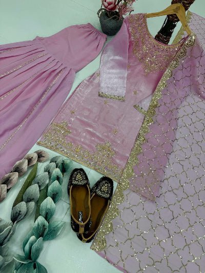 Dusty Pink Organza Silk Sequins Sharara Suit Set - BONYHUBSALWAR KAMEEZ
