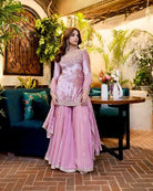 Dusty Pink Organza Silk Sequins Sharara Suit Set - BONYHUBSALWAR KAMEEZ