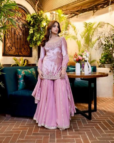 Dusty Pink Organza Silk Sequins Sharara Suit Set - BONYHUBSALWAR KAMEEZ
