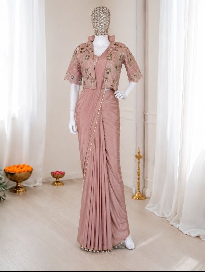 Dusty Pink Pre-Draped Saree with Embroidered Jacket &amp; Blouse UK Next Day - BONYHUBSAREE