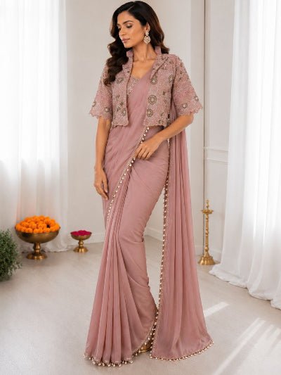 Dusty Pink Pre-Draped Saree with Embroidered Jacket & Blouse UK Next Day - BONYHUBSAREE