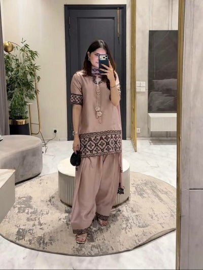 Dusty Rose Embroidered Farshi Salwar Suit Set - BONYHUBSALWAR KAMEEZ