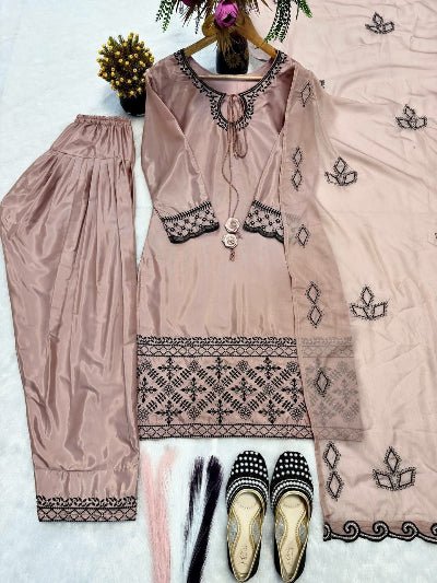 Dusty Rose Embroidered Farshi Salwar Suit Set - BONYHUBSALWAR KAMEEZ