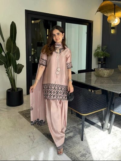 Dusty Rose Embroidered Farshi Salwar Suit Set - BONYHUBSALWAR KAMEEZ