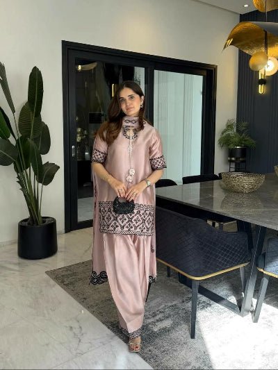 Dusty Rose Embroidered Farshi Salwar Suit Set - BONYHUBSALWAR KAMEEZ