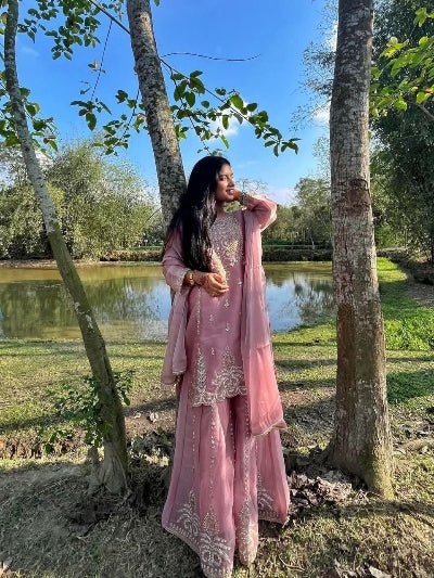 Dusty Rose Pink Embroidered Sharara Suit Set - BONYHUBSALWAR KAMEEZ
