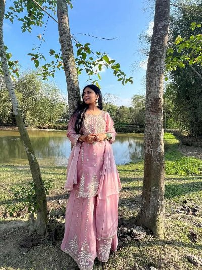 Dusty Rose Pink Embroidered Sharara Suit Set - BONYHUBSALWAR KAMEEZ