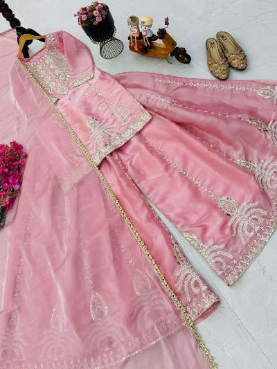 Dusty Rose Pink Embroidered Sharara Suit Set - BONYHUBSALWAR KAMEEZ