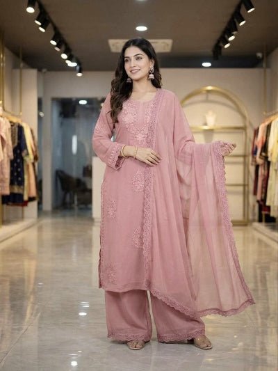 Dusty Rose Pink Georgette Embroidered Suit with Dupatta - BONYHUBSALWAR KAMEEZ