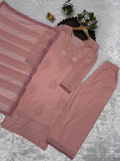 Dusty Rose Pink Georgette Embroidered Suit with Dupatta - BONYHUBSALWAR KAMEEZ