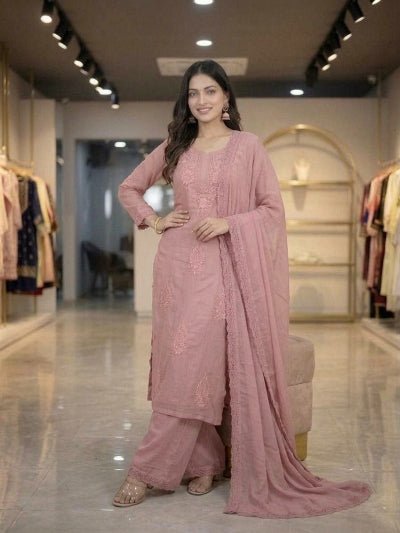Dusty Rose Pink Georgette Embroidered Suit with Dupatta - BONYHUBSALWAR KAMEEZ