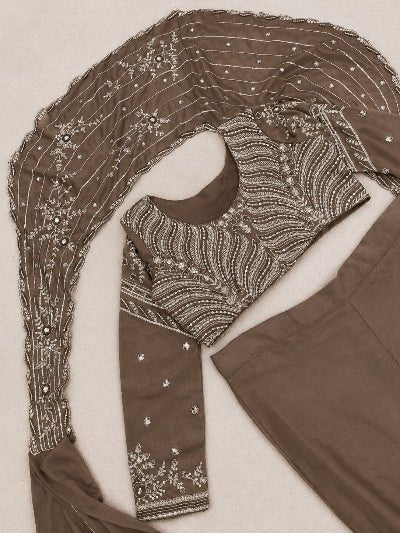 Dusty Taupe Brown Ready to Wear Drape Lehenga Saree - BONYHUBSAREE