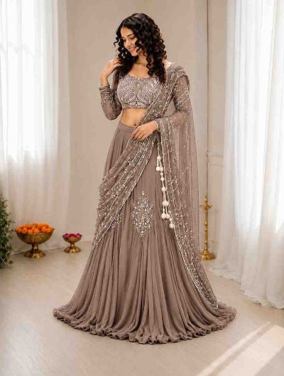 Dusty Taupe Brown Ready to Wear Drape Lehenga Saree - BONYHUBSAREE