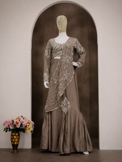 Dusty Taupe Brown Ready to Wear Drape Lehenga Saree - BONYHUBSAREE