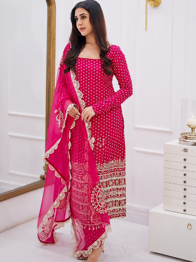 Hot Pink Georgette Bandhani Embroidered Straight Suit For Women