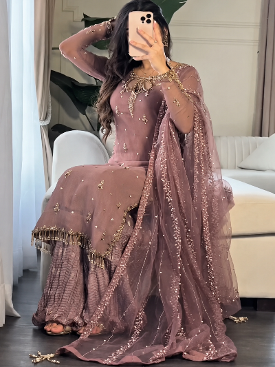 Dusty Mauve Georgette Sharara Palazzo Suit Set