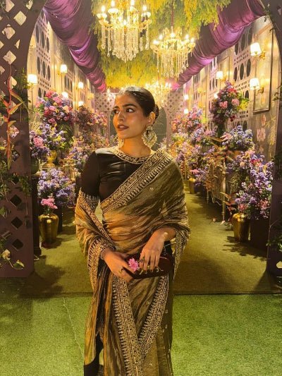 Earthy Green Designer Saree with Unstitched Blouse - BONYHUBSAREE