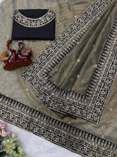 Earthy Green Designer Saree with Unstitched Blouse - BONYHUBSAREE