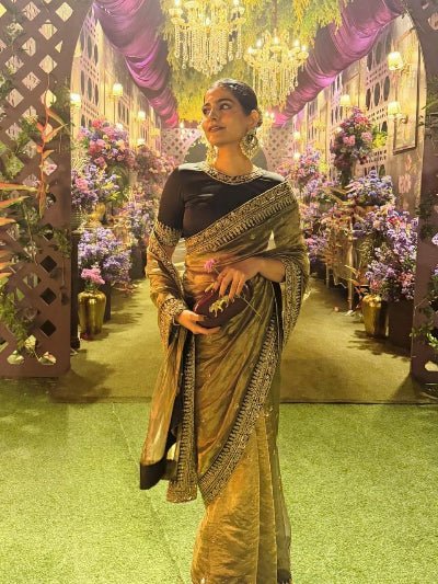Earthy Green Designer Saree with Unstitched Blouse - BONYHUBSAREE