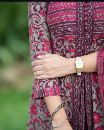 Earthy Printed Cotton Long Anarkali Set - BONYHUBSALWAR KAMEEZ