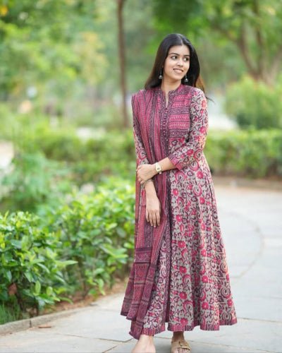 Earthy Printed Cotton Long Anarkali Set - BONYHUBSALWAR KAMEEZ