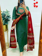 Bottle Green Cotton Handwork Salwar Suit With Red Dupatta - BONYHUBSALWAR KAMEEZ