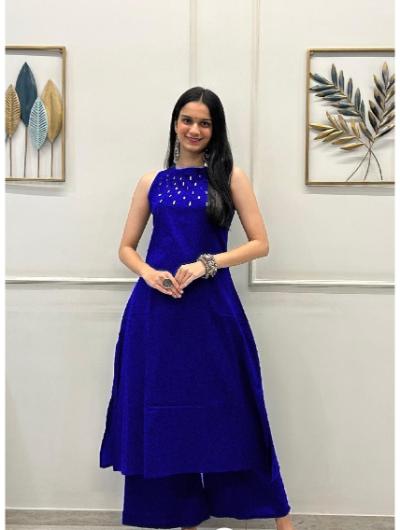 Electric Blue Embroidered Co - ord Set with Kurta Pant (Set of 2) - BONYHUBSALWAR KAMEEZ