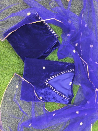 Electric Blue Sequin Embroidery Velvet Straight Suit Set - BONYHUBSALWAR KAMEEZ