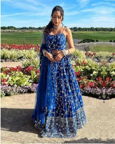 Electric Blue Georgette Zari Embroidered Lehenga Choli Set - BONYHUBSALWAR KAMEEZ